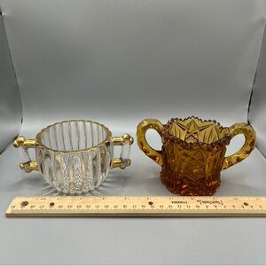 Lot Of 2. Imperial Glass Amber Sugar Bowl Hobnail, Double Handle + Clear